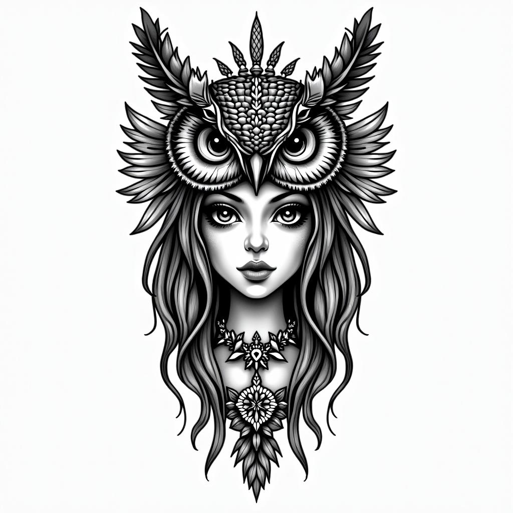 Princess with owl headdressin authentic tattoo style, incorporating traditional modifications, bold black outlines, solid color fills, featuring classic authentic elements