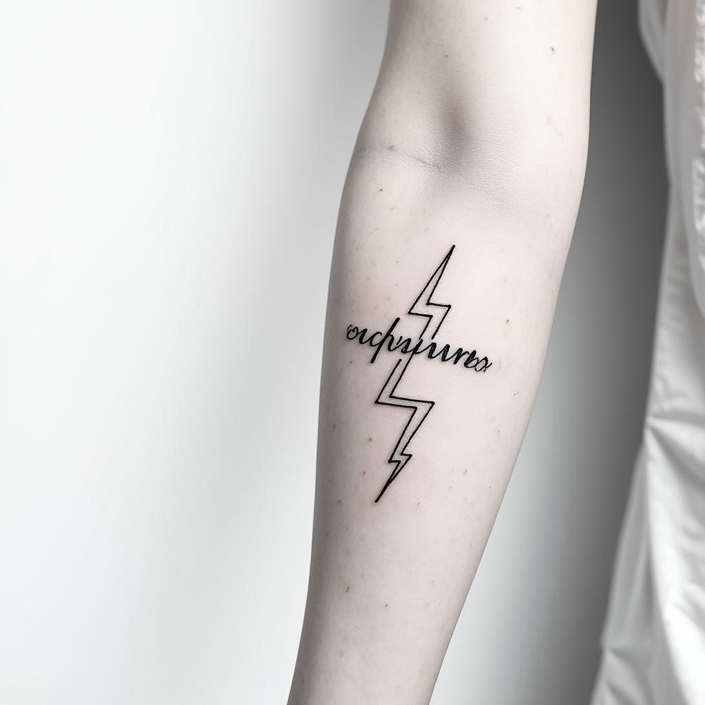Volatum Suscipere in a calligraphy font
Lightning bolt outline small
Minimalistic design on forearmin minimalist style tattoo, featuring simple shapes and fine lines, with minimal shading and details, tiny triangles, creating a sense of balance and harmony