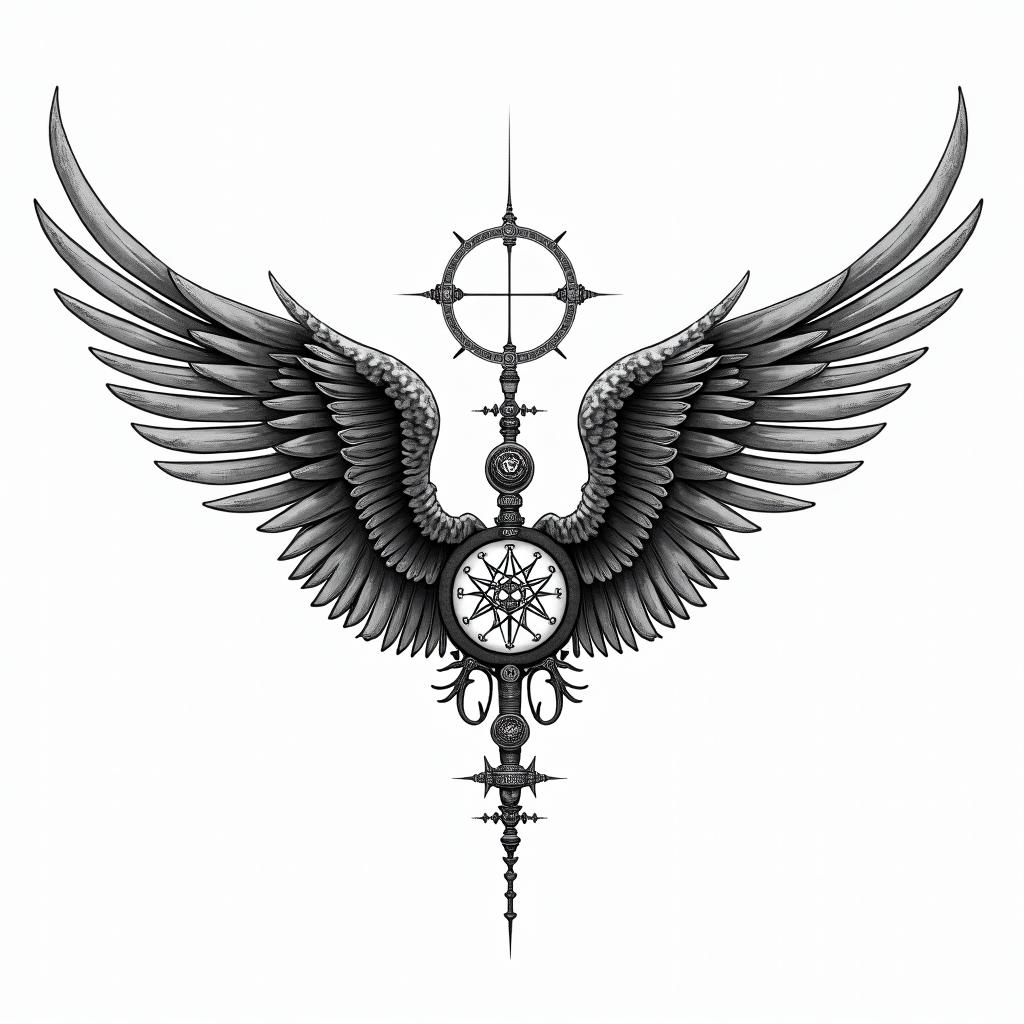 Angel wings with detailed feathersin paganic style tattoo, featuring ancient symbols, add vegvisir symbol, mystical figures, incorporating designs, pentagrams, runes, crescent moons, - Variation 5