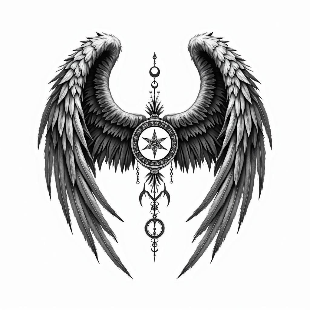 Angel wings with detailed feathersin paganic style tattoo, featuring ancient symbols, add vegvisir symbol, mystical figures, incorporating designs, pentagrams, runes, crescent moons, - Variation 2