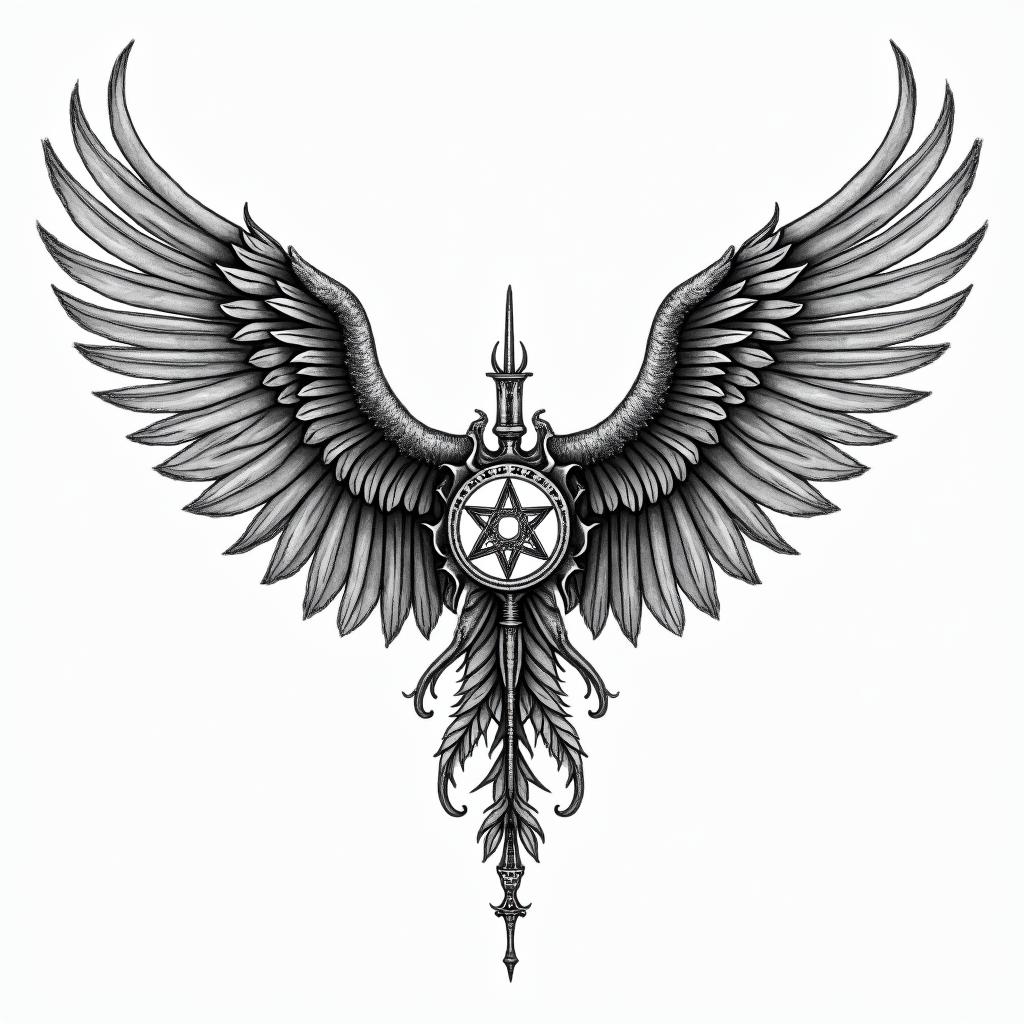 Angel wings with detailed feathersin paganic style tattoo, featuring ancient symbols, add vegvisir symbol, mystical figures, incorporating designs, pentagrams, runes, crescent moons, - Variation 4