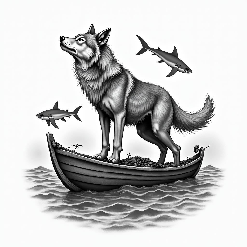 Wolf on a raft in the ocean surrounded by sharks in the waterhigly detailed tattoo