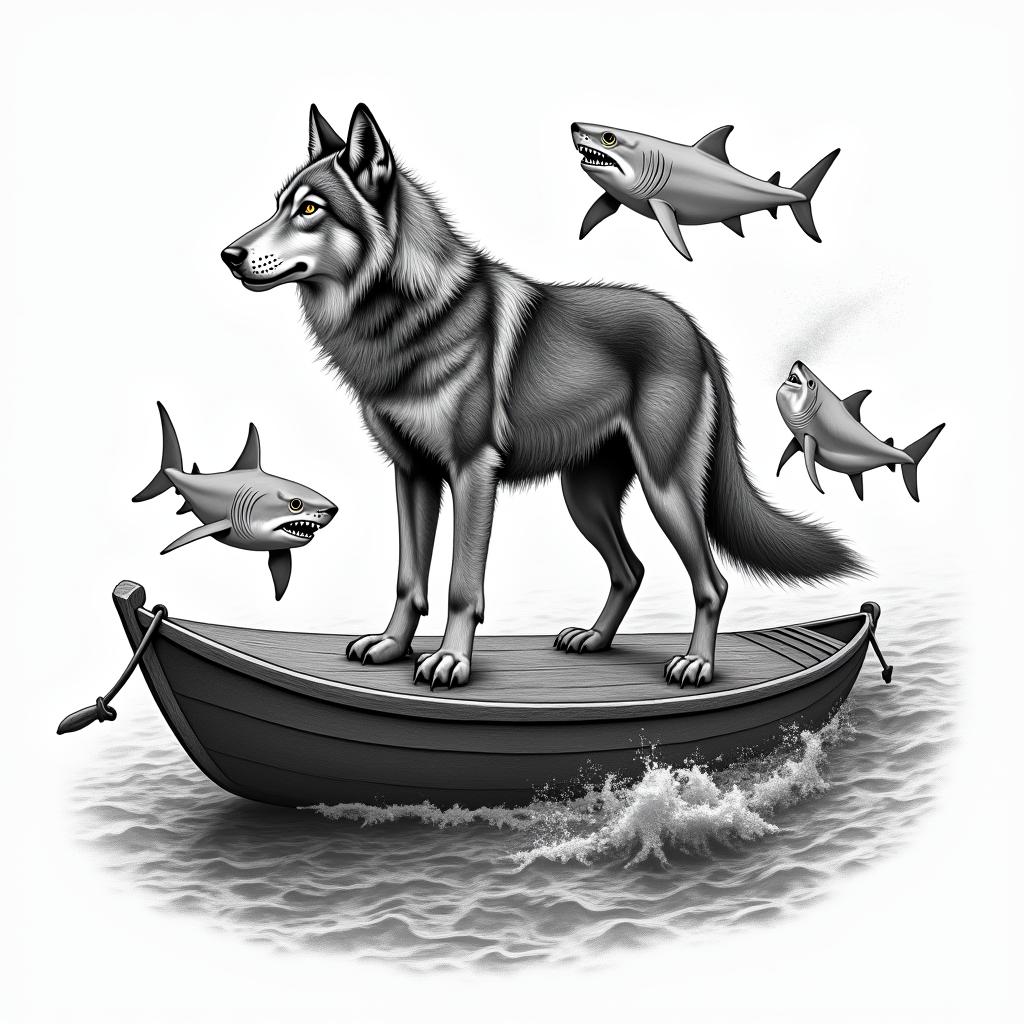 Wolf on a raft in the ocean surrounded by sharks in the waterhigly detailed tattoo - Variation 3