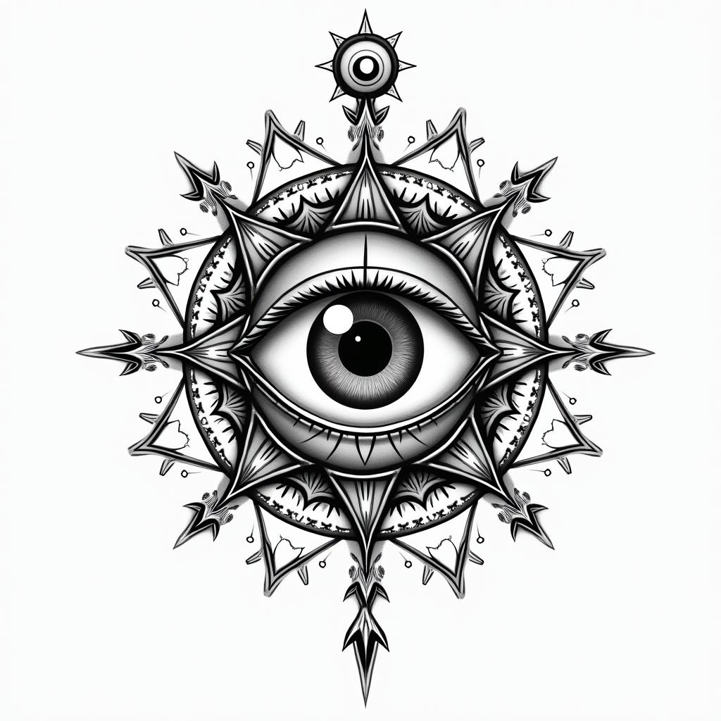 leoin prophecy tattoo style, featuring mystical symbols, celestial imagery like stars, moons, suns, geometric patterns, foretelling elements, an eye of wisdom - Variation 4