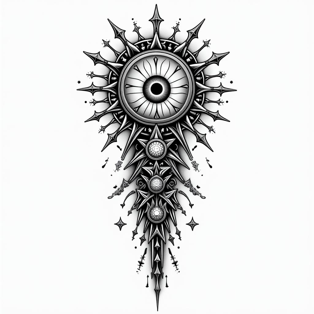 leoin prophecy tattoo style, featuring mystical symbols, celestial imagery like stars, moons, suns, geometric patterns, foretelling elements, an eye of wisdom