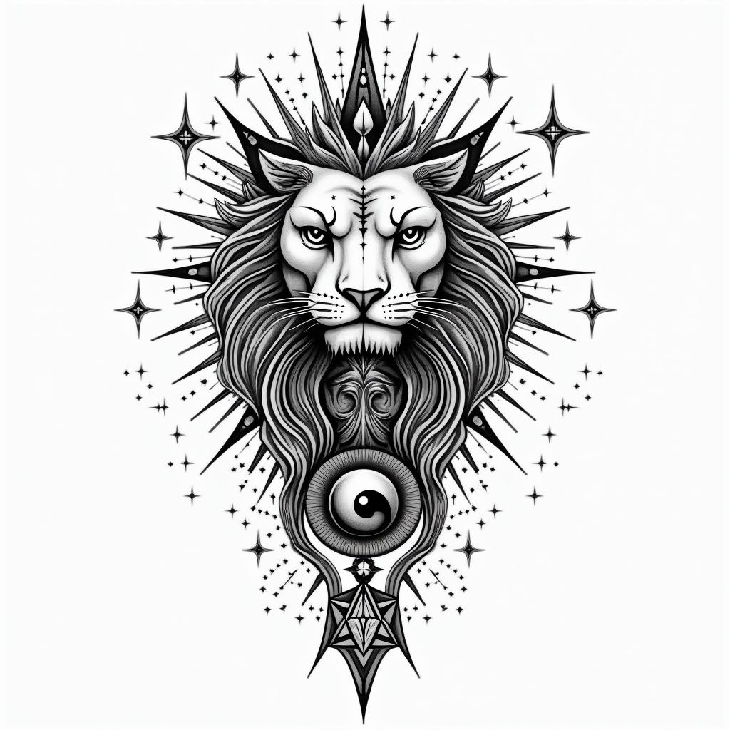 leoin prophecy tattoo style, featuring mystical symbols, celestial imagery like stars, moons, suns, geometric patterns, foretelling elements, an eye of wisdom - Variation 2