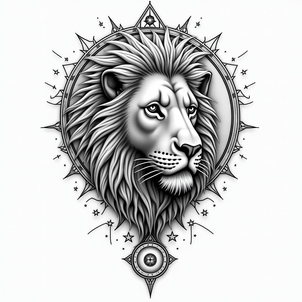 leoin prophecy tattoo style, featuring mystical symbols, celestial imagery like stars, moons, suns, geometric patterns, foretelling elements, an eye of wisdom - Variation 3