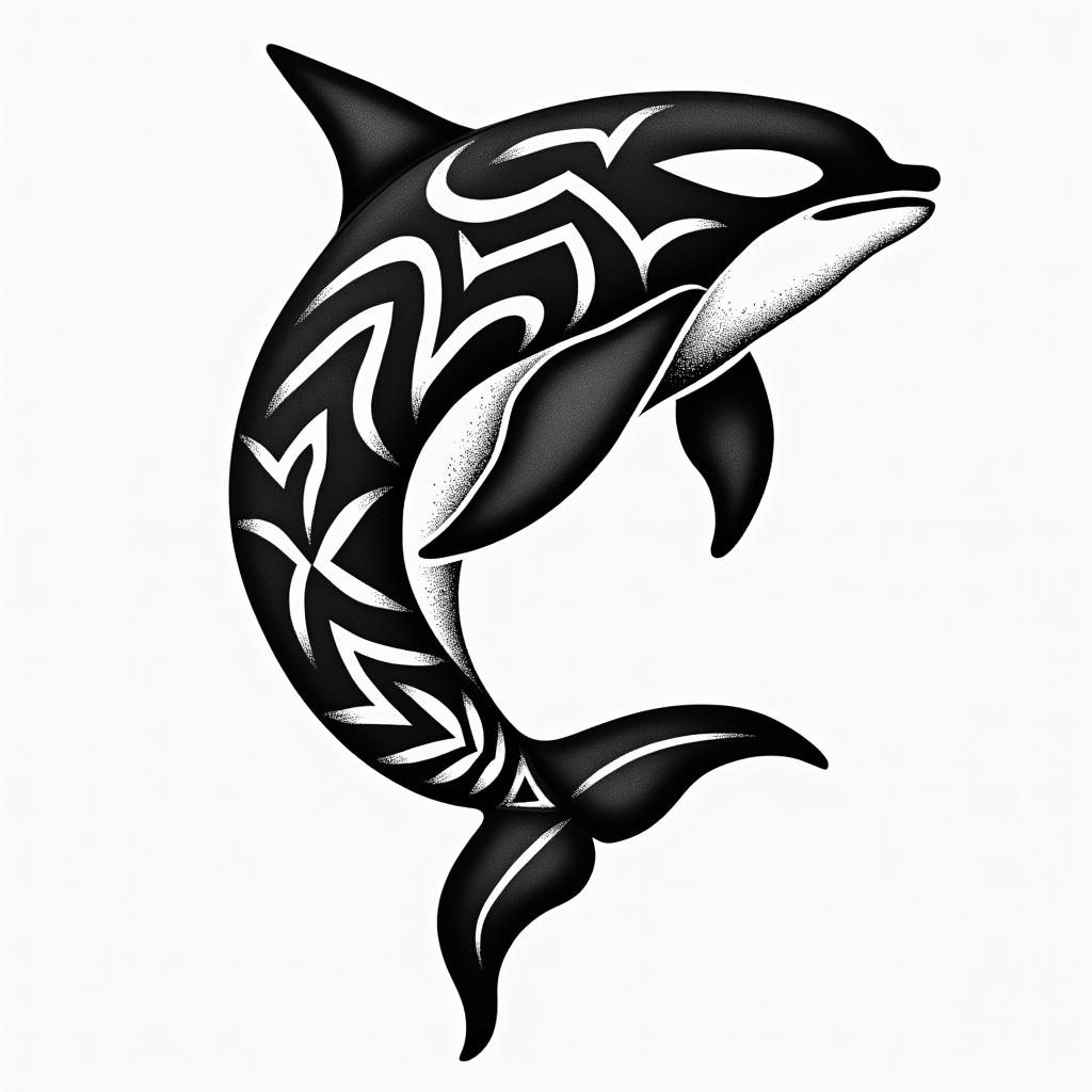 Orca, PACIFIC NORTHWESTin tribal tattoo style, featuring bold and black geometric shapes, curved lines, intertwine and flow seamlessly, creating a powerful and symbolic design, polynesian and maori styles - Variation 7