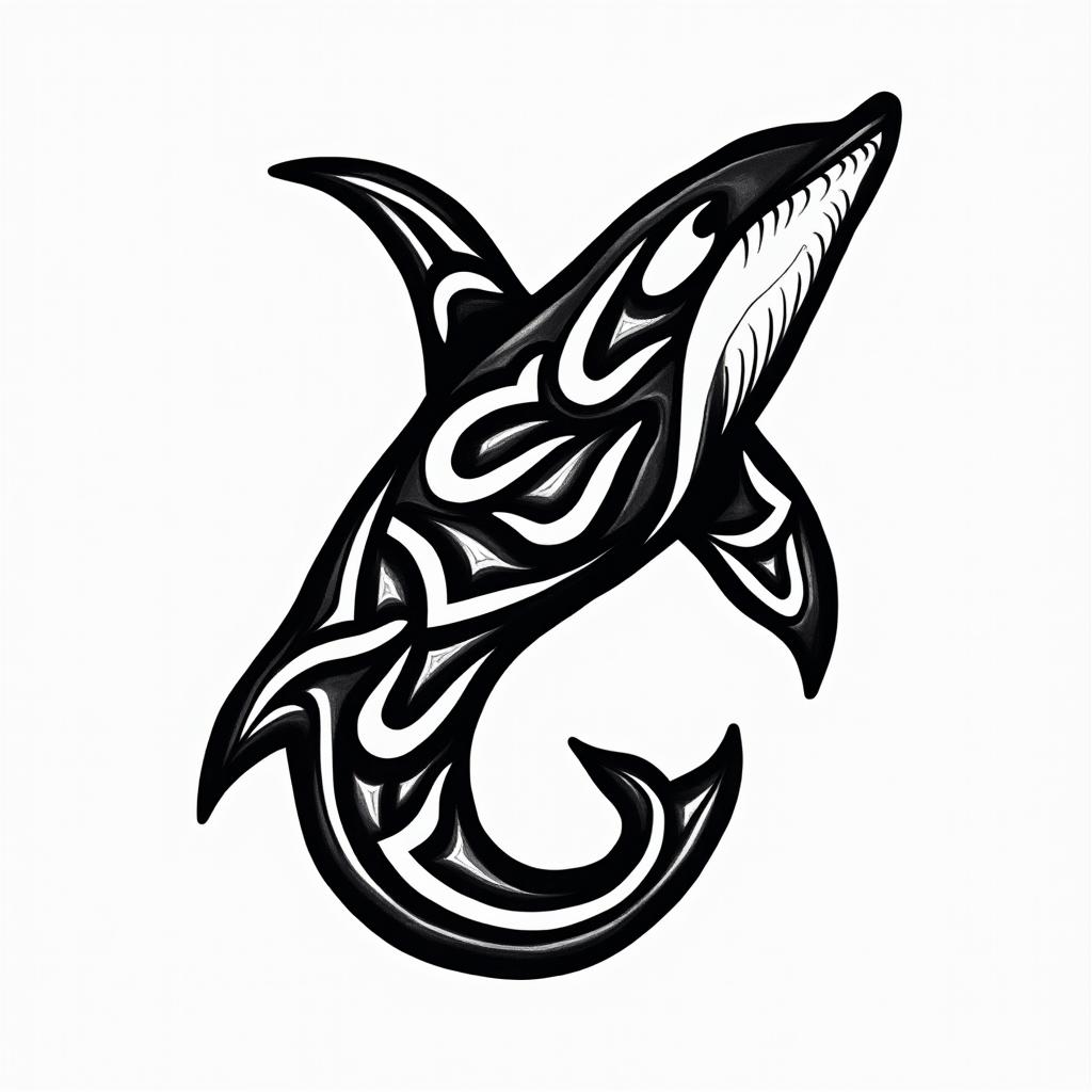 Orca, PACIFIC NORTHWESTin tribal tattoo style, featuring bold and black geometric shapes, curved lines, intertwine and flow seamlessly, creating a powerful and symbolic design, polynesian and maori styles - Variation 5