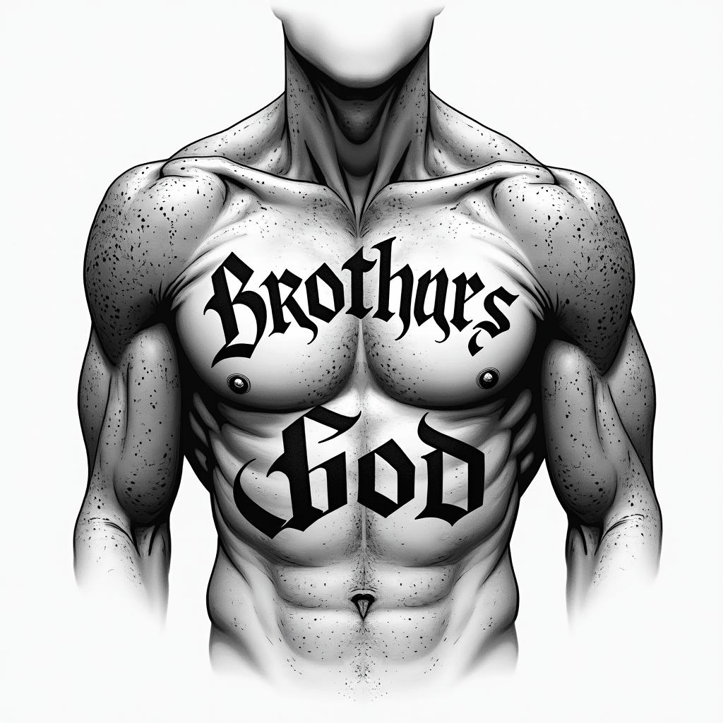 Chest peice 210 zip code loyalty 3 brothers godtext-based tattoo, gothic font ultra-realistic, perfectly placed, high-quality font design, photo-realistic shading, 8k, high quality, finely detailed typography - Variation 3