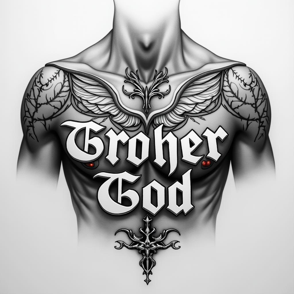 Chest peice 210 zip code loyalty 3 brothers godtext-based tattoo, gothic font ultra-realistic, perfectly placed, high-quality font design, photo-realistic shading, 8k, high quality, finely detailed typography - Variation 2