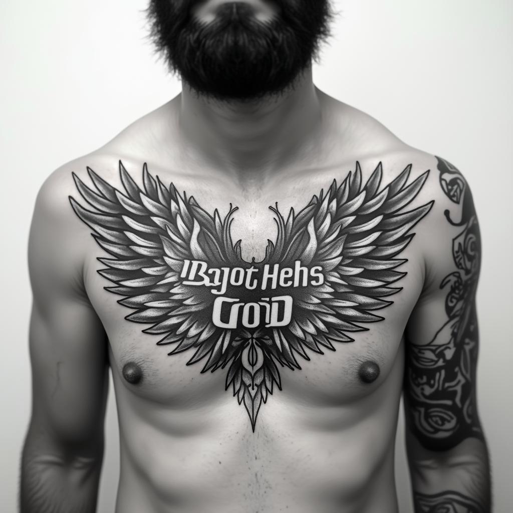 Chest peice 210 zip code loyalty 3 brothers godtext-based tattoo, gothic font ultra-realistic, perfectly placed, high-quality font design, photo-realistic shading, 8k, high quality, finely detailed typography