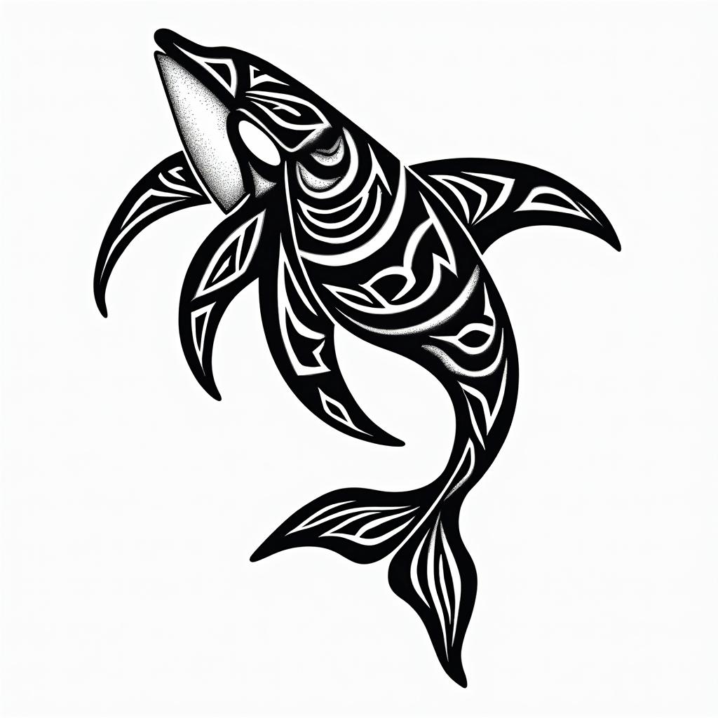 Orca, PACIFIC NORTHWESTin tribal tattoo style, featuring bold and black geometric shapes, curved lines, intertwine and flow seamlessly, creating a powerful and symbolic design, polynesian and maori styles - Variation 4