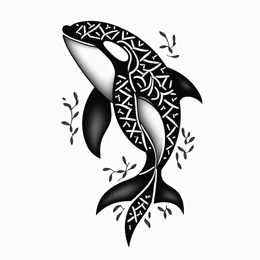 Orca, PACIFIC NORTHWESTin tribal tattoo style, featuring bold and black geometric shapes, curved lines, intertwine and flow seamlessly, creating a powerful and symbolic design, polynesian and maori styles - Variation 3