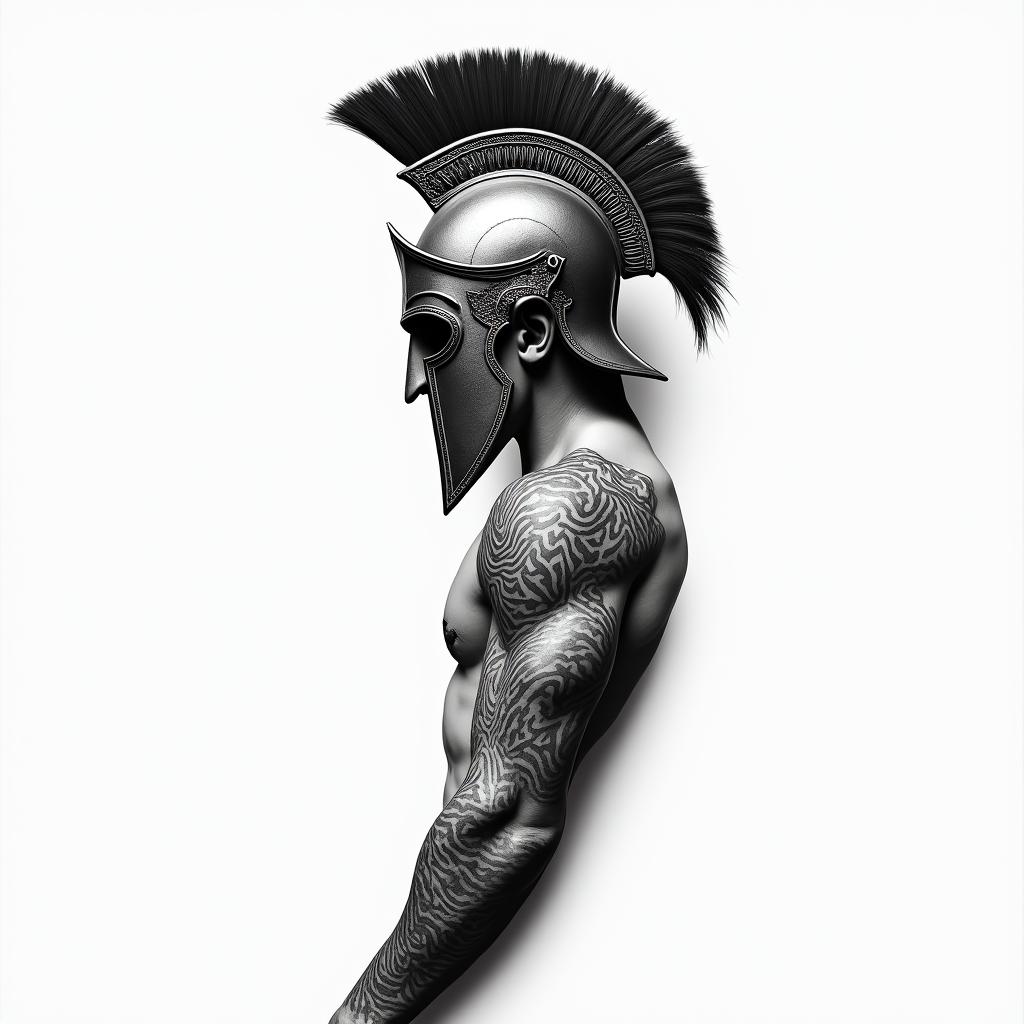 Spartan warrior helmet black and grey forearm sleevehigly detailed tattoo