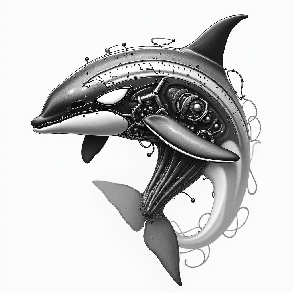 Orca, PACIFIC NORTHWESTtattoo in biomechanic style, the tattoo covered by robotic elements of futuristic cyberpunk design, robotic features detail, showcasing intricate mechanical components - Variation 4