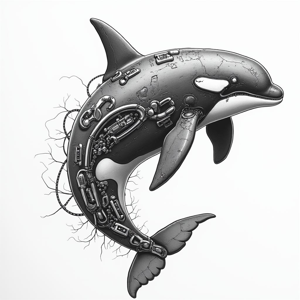 Orca, PACIFIC NORTHWESTtattoo in biomechanic style, the tattoo covered by robotic elements of futuristic cyberpunk design, robotic features detail, showcasing intricate mechanical components - Variation 3