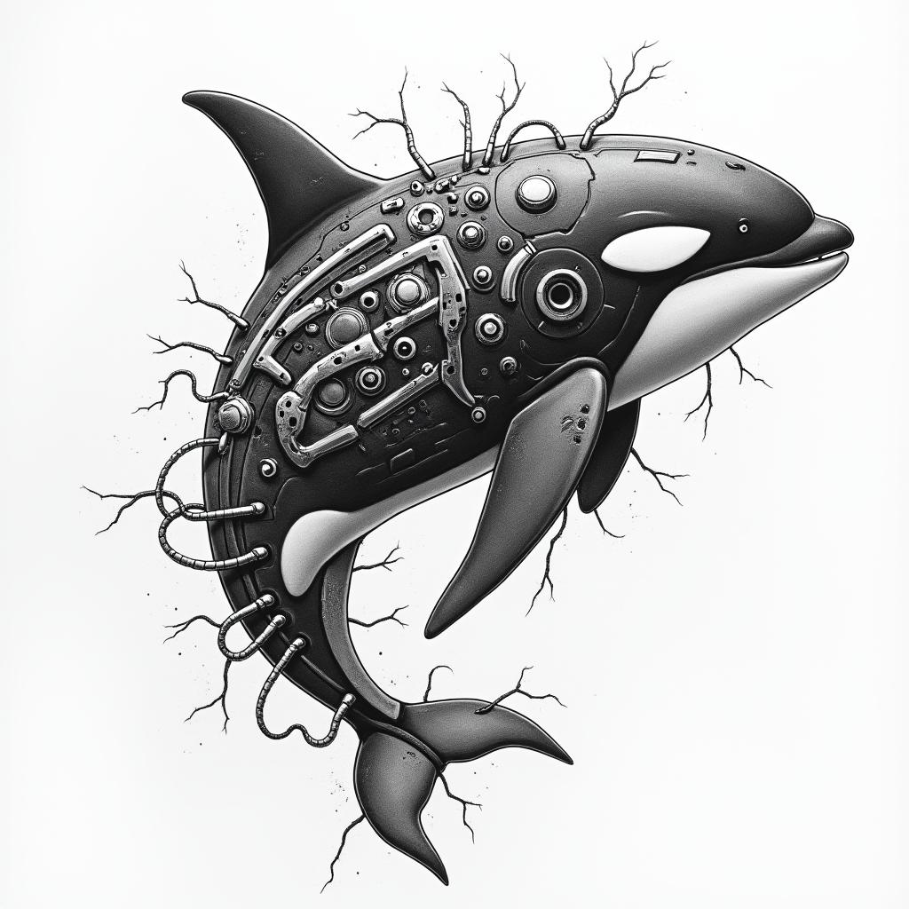 Orca, PACIFIC NORTHWESTtattoo in biomechanic style, the tattoo covered by robotic elements of futuristic cyberpunk design, robotic features detail, showcasing intricate mechanical components - Variation 2