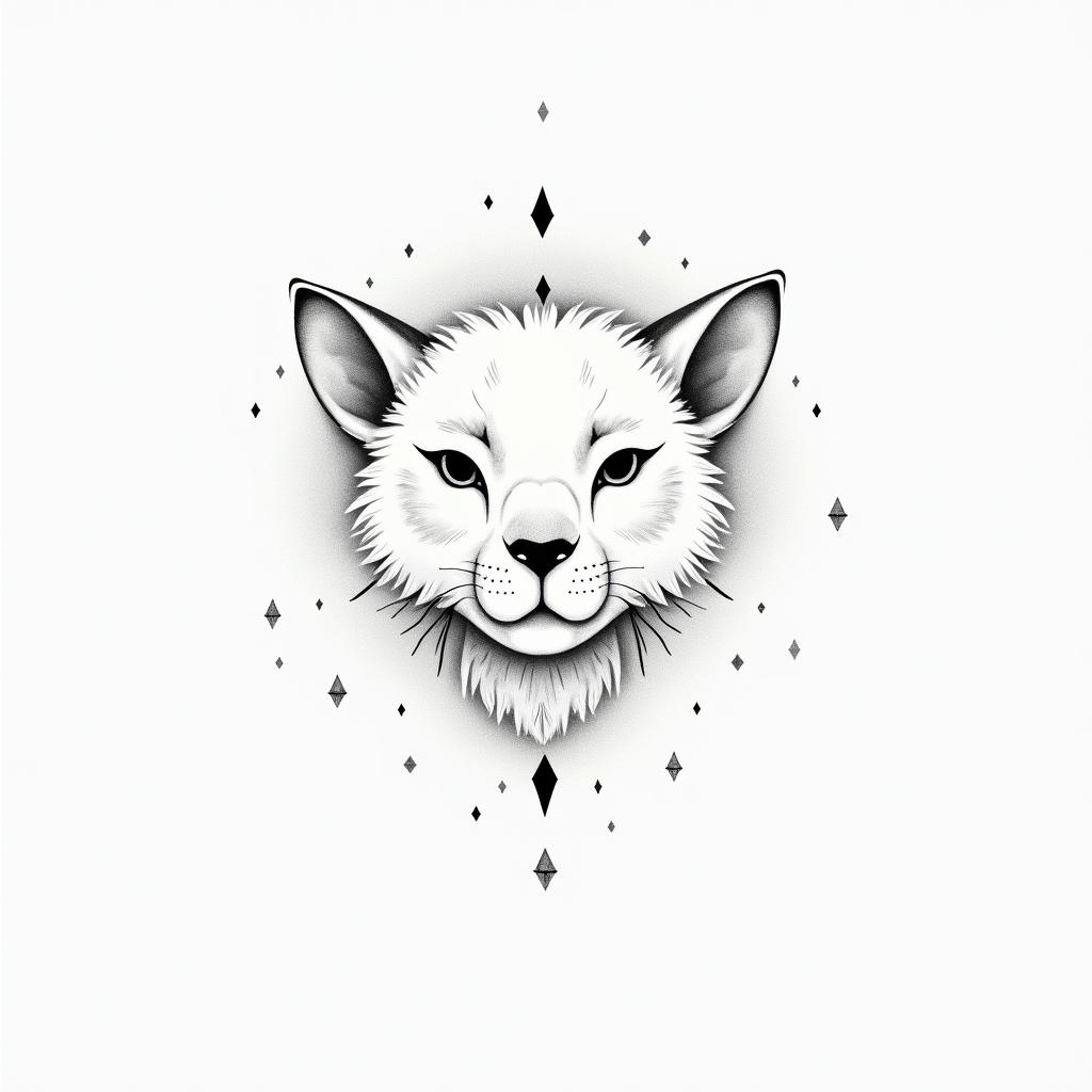 Leo female cutein minimalist style tattoo, featuring simple shapes and fine lines, with minimal shading and details, tiny triangles, creating a sense of balance and harmony
