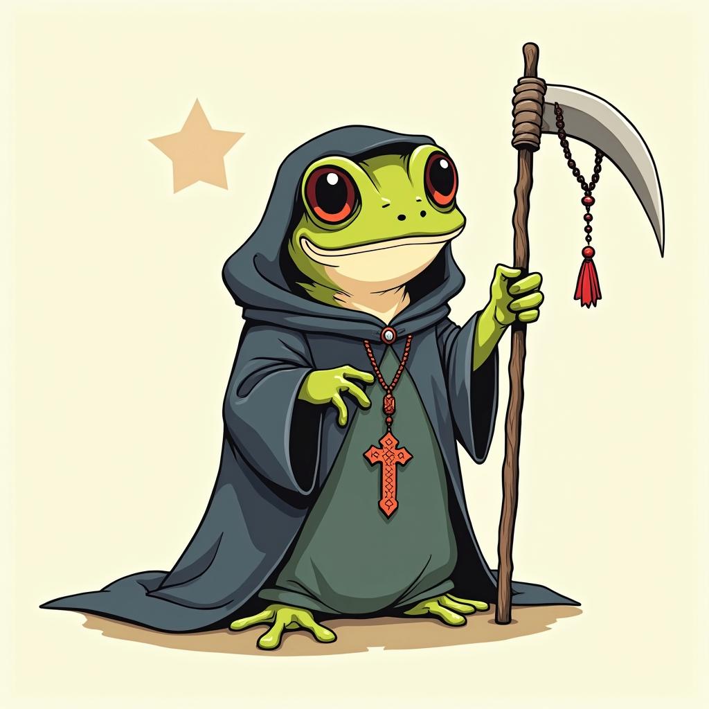 Grim Reaper frog with scythe and rosaryGhibli, Studio Ghibli aesthetic, hand-drawn anime style, retro nostalgic atmosphere, retro soft pastel color palette with earthy tones, retro Japanese cinematic shot, yellow tint effect, bald character, smooth surface, anime shadow 90's anime style - Variation 2