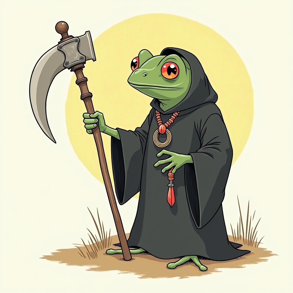 Grim Reaper frog with scythe and rosaryGhibli, Studio Ghibli aesthetic, hand-drawn anime style, retro nostalgic atmosphere, retro soft pastel color palette with earthy tones, retro Japanese cinematic shot, yellow tint effect, bald character, smooth surface, anime shadow 90's anime style - Variation 3