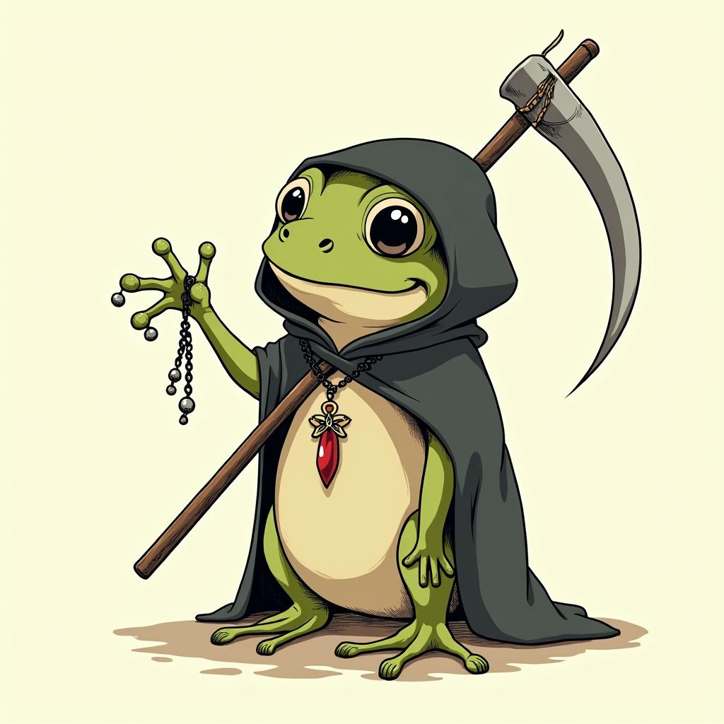 Grim Reaper frog with scythe and rosaryGhibli, Studio Ghibli aesthetic, hand-drawn anime style, retro nostalgic atmosphere, retro soft pastel color palette with earthy tones, retro Japanese cinematic shot, yellow tint effect, bald character, smooth surface, anime shadow 90's anime style - Variation 4