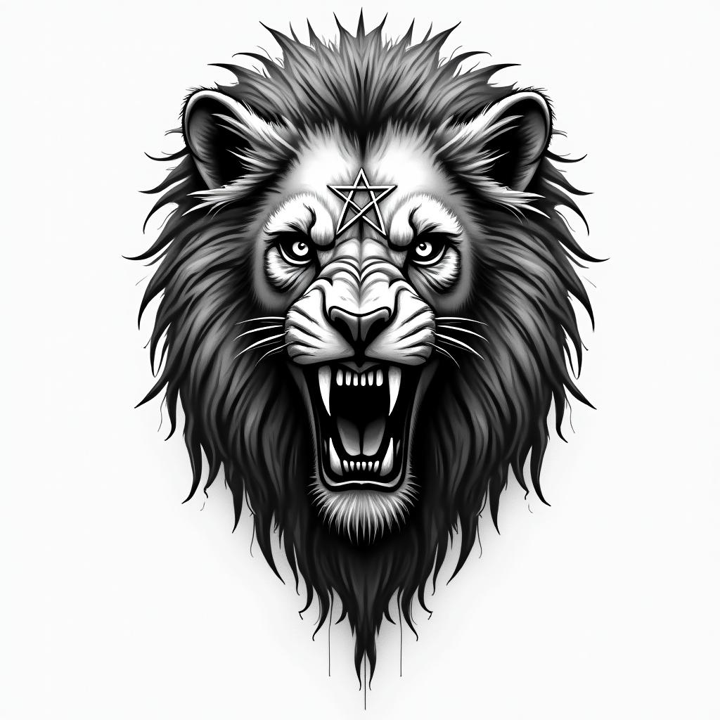 Lion facecreepy horror tattoo style, featuring an eerie and unsettling skull of a demonic creature, distorted face with sharp fangs, add pentagram symbol - Variation 3