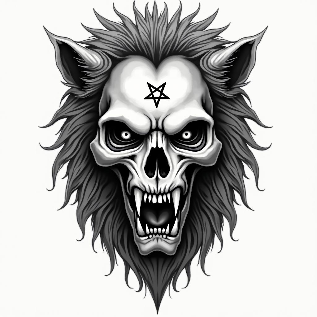 Lion facecreepy horror tattoo style, featuring an eerie and unsettling skull of a demonic creature, distorted face with sharp fangs, add pentagram symbol - Variation 2
