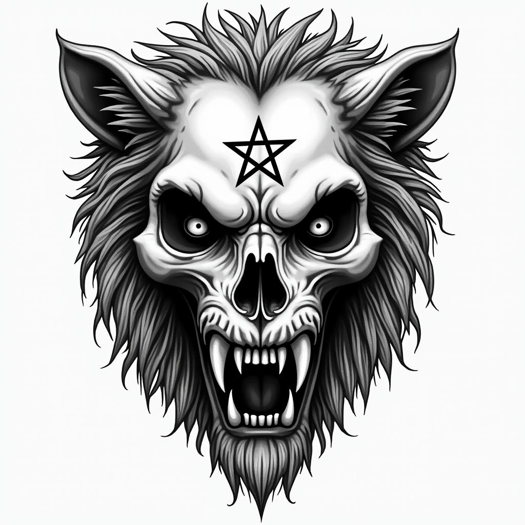 Lion facecreepy horror tattoo style, featuring an eerie and unsettling skull of a demonic creature, distorted face with sharp fangs, add pentagram symbol - Variation 4