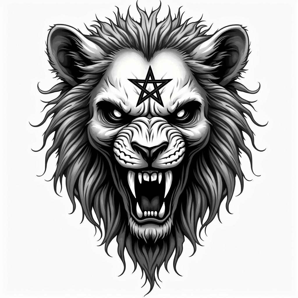 Lion facecreepy horror tattoo style, featuring an eerie and unsettling skull of a demonic creature, distorted face with sharp fangs, add pentagram symbol