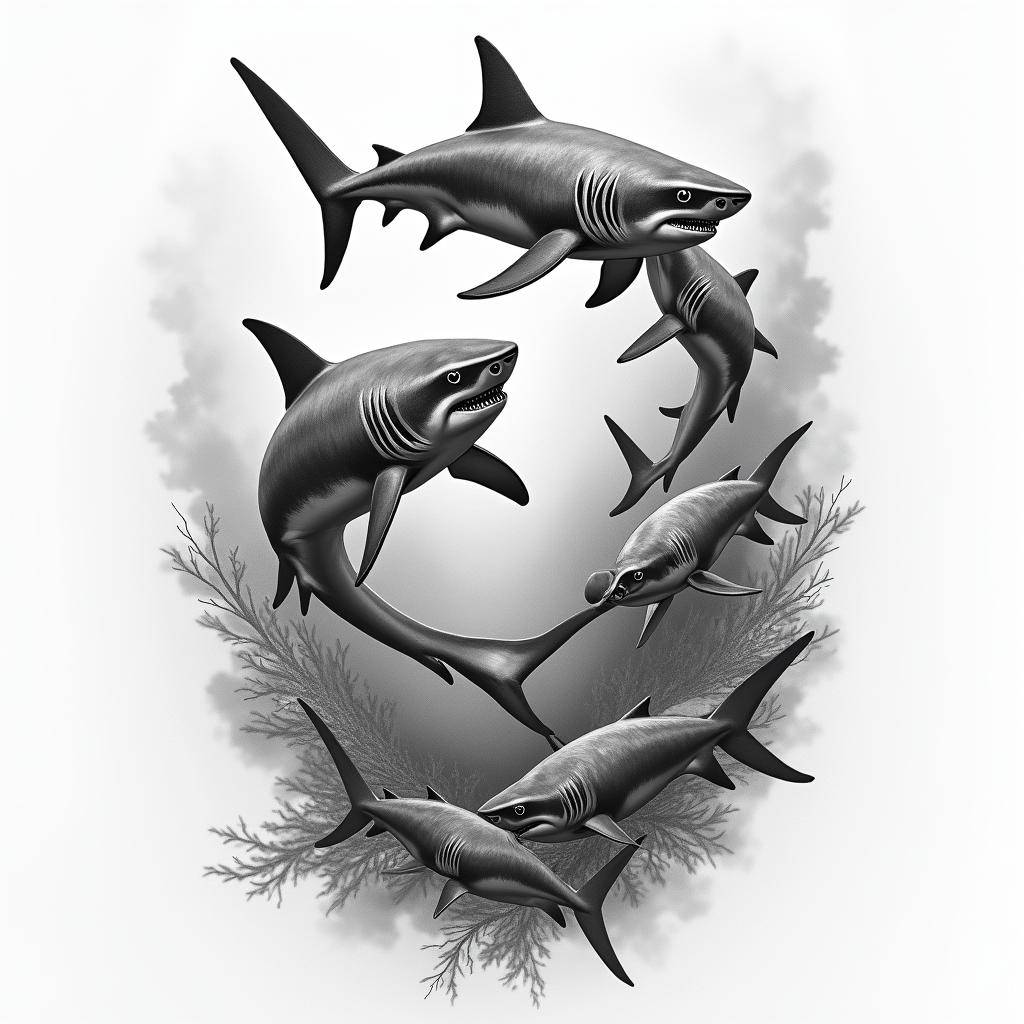 Sharks underneath the waterhigly detailed tattoo - Variation 2