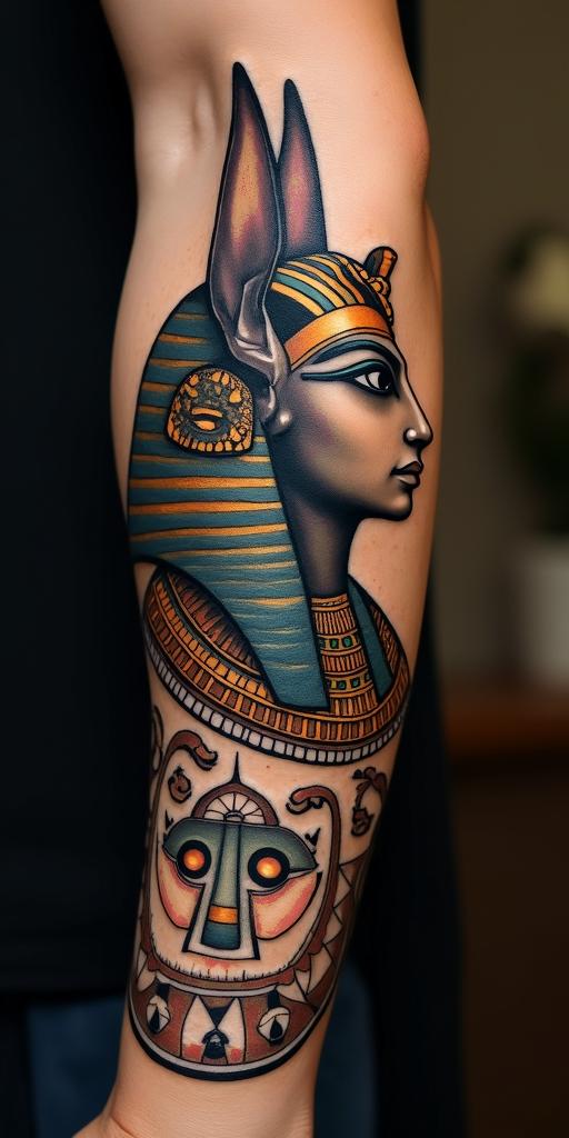 Anubisin egyptian style tattoo, bold elements of ancient egyptian culture including a portrait of an Egyptian pharaoh with detailed facial features, in hieroglyphs and symbolic imagery, eye of horus, ankh symbol, scarab beetle - Variation 12
