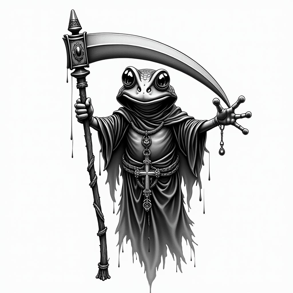 Grim Reaper frog with scythe and rosaryin new school tattoo, pop culture, modern, detailed tattoo, illustrative - Variation 2