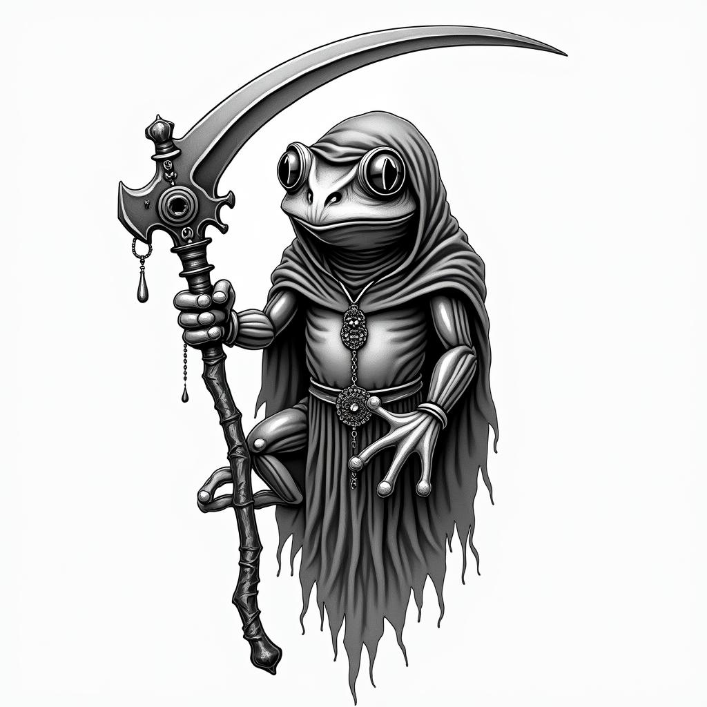 Grim Reaper frog with scythe and rosaryin new school tattoo, pop culture, modern, detailed tattoo, illustrative - Variation 4