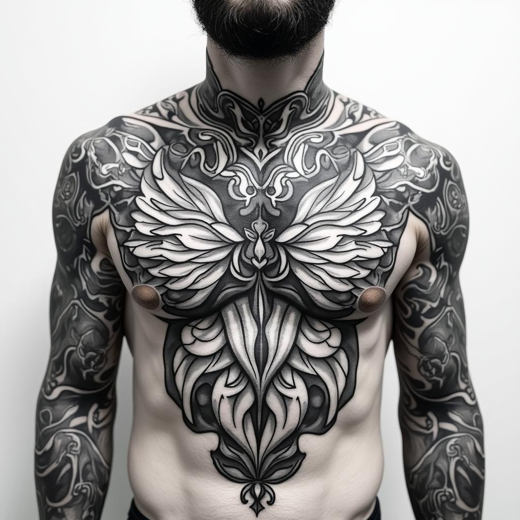 Chest peice 210 in the top right of chest loyalty around collar bone bible verse on left peck and a symbol that symbolize my 3 brothers on my right peckin authentic tattoo style, incorporating traditional modifications, bold black outlines, solid color fills, featuring classic authentic elements - Variation 3