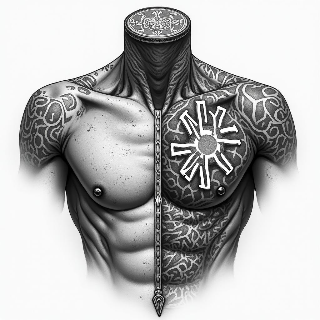 Chest peice 210 in the top right of chest loyalty around collar bone bible verse on left peck and a symbol that symbolize my 3 brothers on my right peckin authentic tattoo style, incorporating traditional modifications, bold black outlines, solid color fills, featuring classic authentic elements