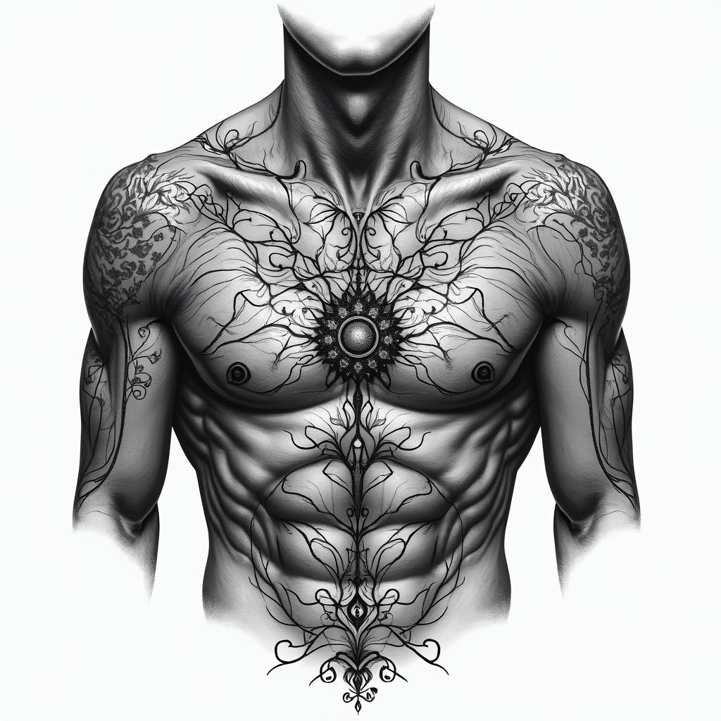 Chest peice 210 in the top right of chest loyalty around collar bone bible verse on left peck and a symbol that symbolize my 3 brothers on my right peckin authentic tattoo style, incorporating traditional modifications, bold black outlines, solid color fills, featuring classic authentic elements - Variation 4