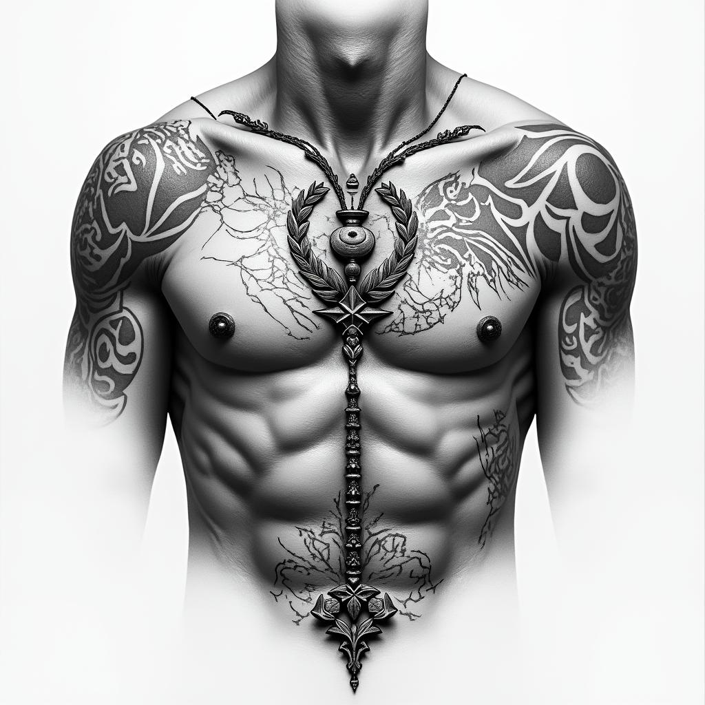 Chest peice 210 in the top right of chest loyalty around collar bone bible verse on left peck and a symbol that symbolize my 3 brothers on my right peckin authentic tattoo style, incorporating traditional modifications, bold black outlines, solid color fills, featuring classic authentic elements - Variation 2