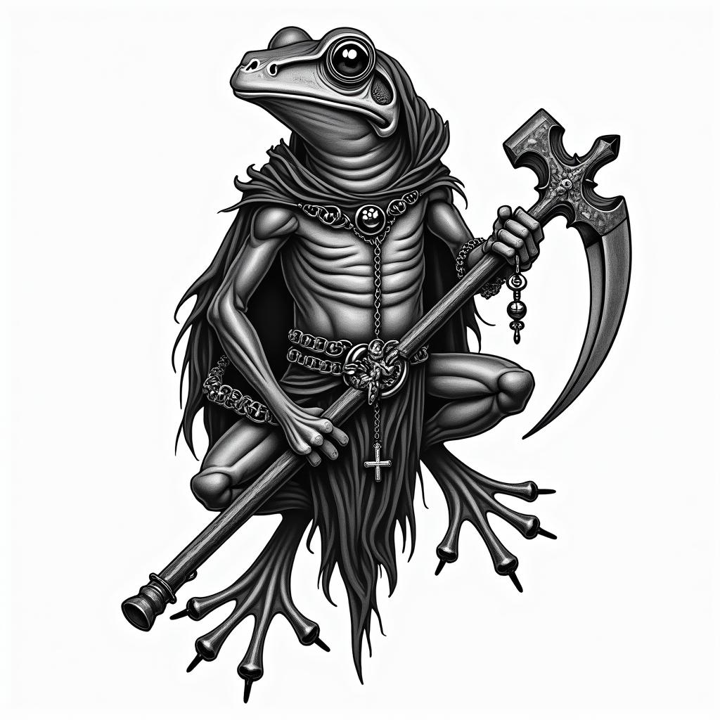Grim Reaper frog with scythe and rosaryin chicano style tattoo, featuring intricate black and grey shading, bold elements of traditional chicano culture symbols, add a big cross with skull, chains and roses