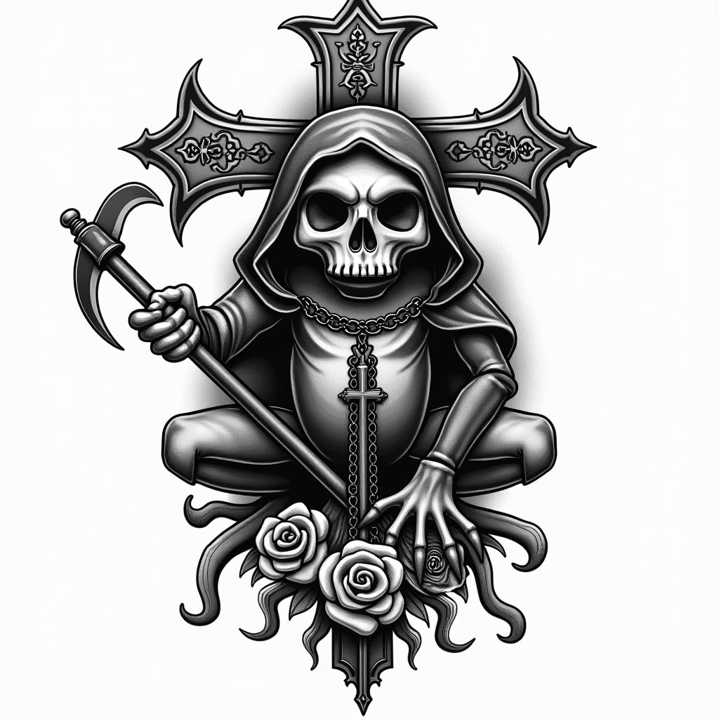 Grim Reaper frog with scythe and rosaryin chicano style tattoo, featuring intricate black and grey shading, bold elements of traditional chicano culture symbols, add a big cross with skull, chains and roses - Variation 2