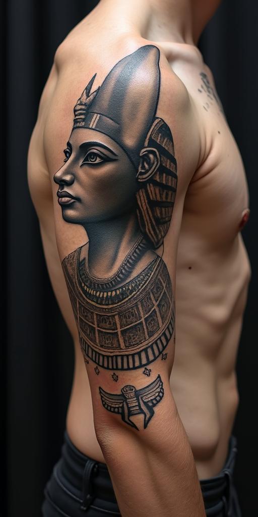 Anubisin egyptian style tattoo, bold elements of ancient egyptian culture including a portrait of an Egyptian pharaoh with detailed facial features, in hieroglyphs and symbolic imagery, eye of horus, ankh symbol, scarab beetle - Variation 8