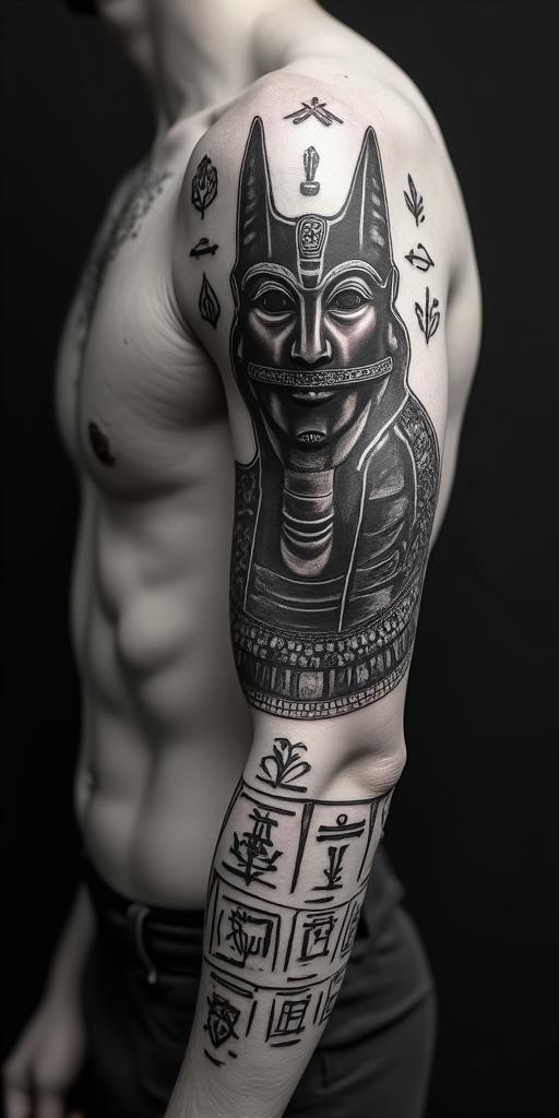Anubisin egyptian style tattoo, bold elements of ancient egyptian culture including a portrait of an Egyptian pharaoh with detailed facial features, in hieroglyphs and symbolic imagery, eye of horus, ankh symbol, scarab beetle - Variation 7