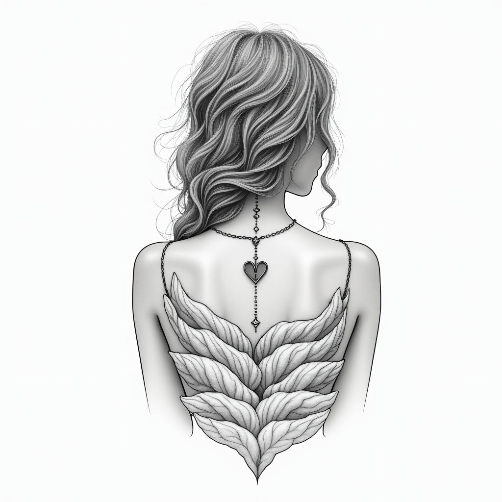Leo, female, cute, on the back of the back down to shoulderin Modest style tattoo, featuring soft, delicate line work with simple and meaningful symbols, gentle waves, a heart, evoking a sense of serenity and grace, - Variation 3