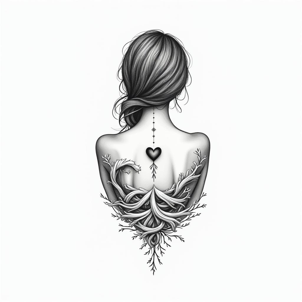 Leo, female, cute, on the back of the back down to shoulderin Modest style tattoo, featuring soft, delicate line work with simple and meaningful symbols, gentle waves, a heart, evoking a sense of serenity and grace,