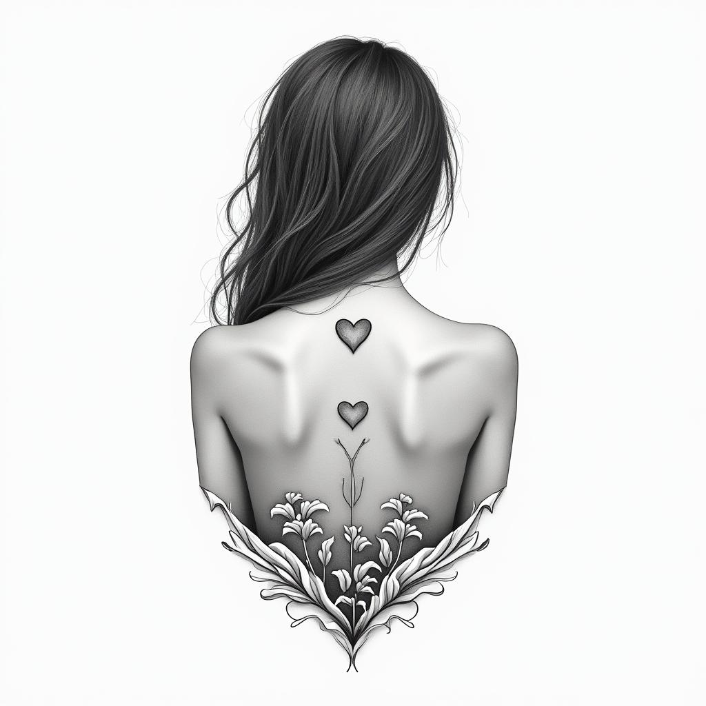 Leo, female, cute, on the back of the back down to shoulderin Modest style tattoo, featuring soft, delicate line work with simple and meaningful symbols, gentle waves, a heart, evoking a sense of serenity and grace, - Variation 4