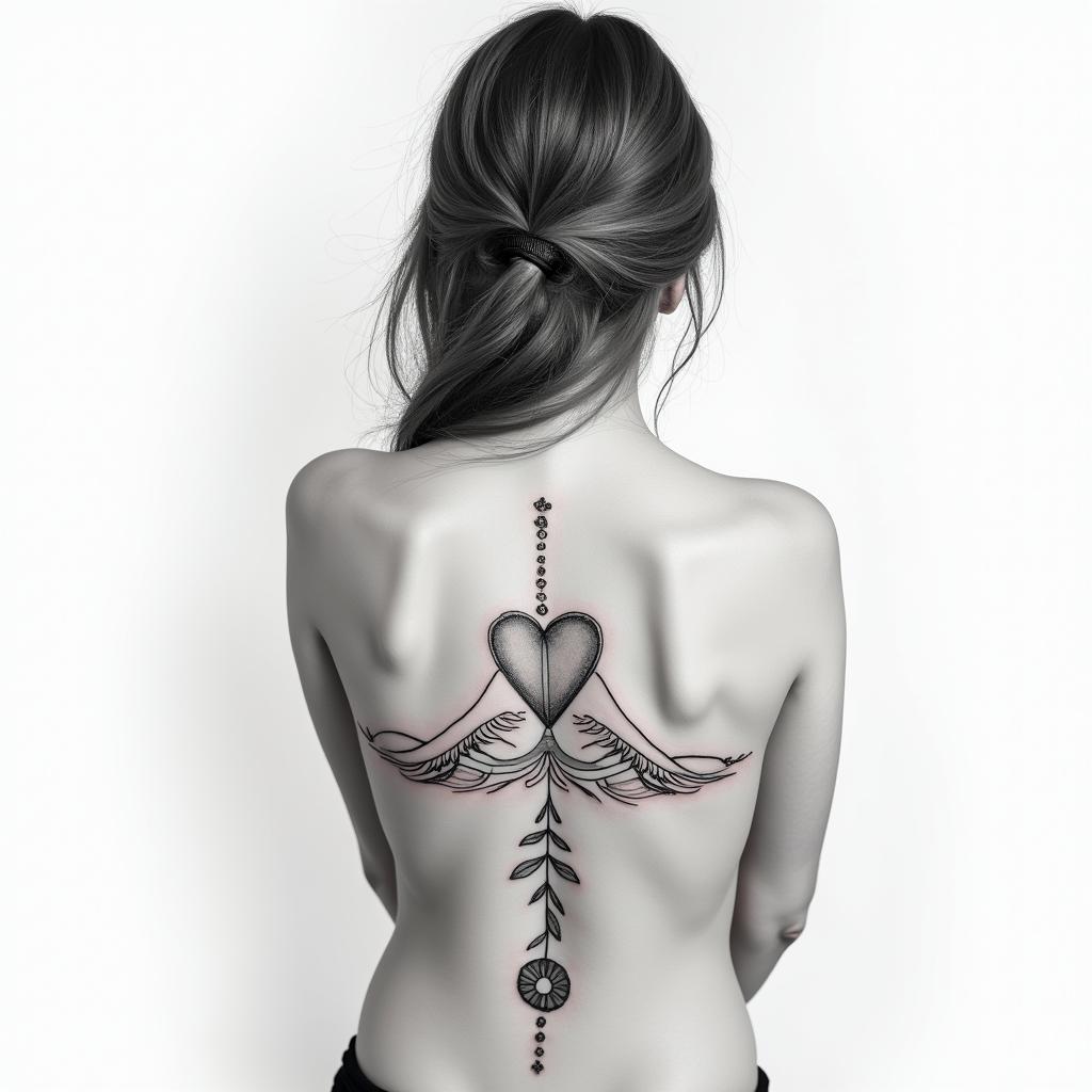 Leo, female, cute, on the back of the back down to shoulderin Modest style tattoo, featuring soft, delicate line work with simple and meaningful symbols, gentle waves, a heart, evoking a sense of serenity and grace, - Variation 2