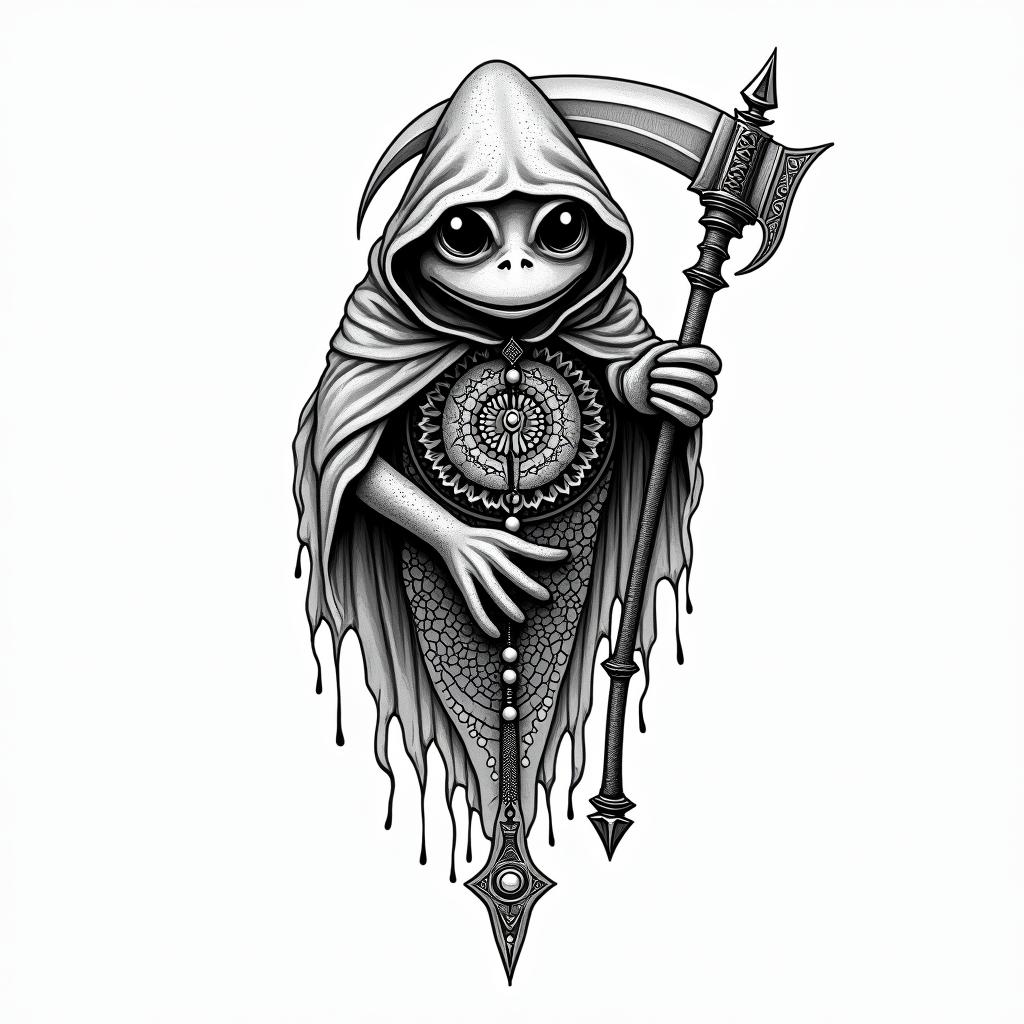Grim Reaper frog with scythe and rosaryin dotwork style tattoo, complex mandala patterns, interlocking geometric shapes with sharp symmetry, clean lines, sharp angles - Variation 3