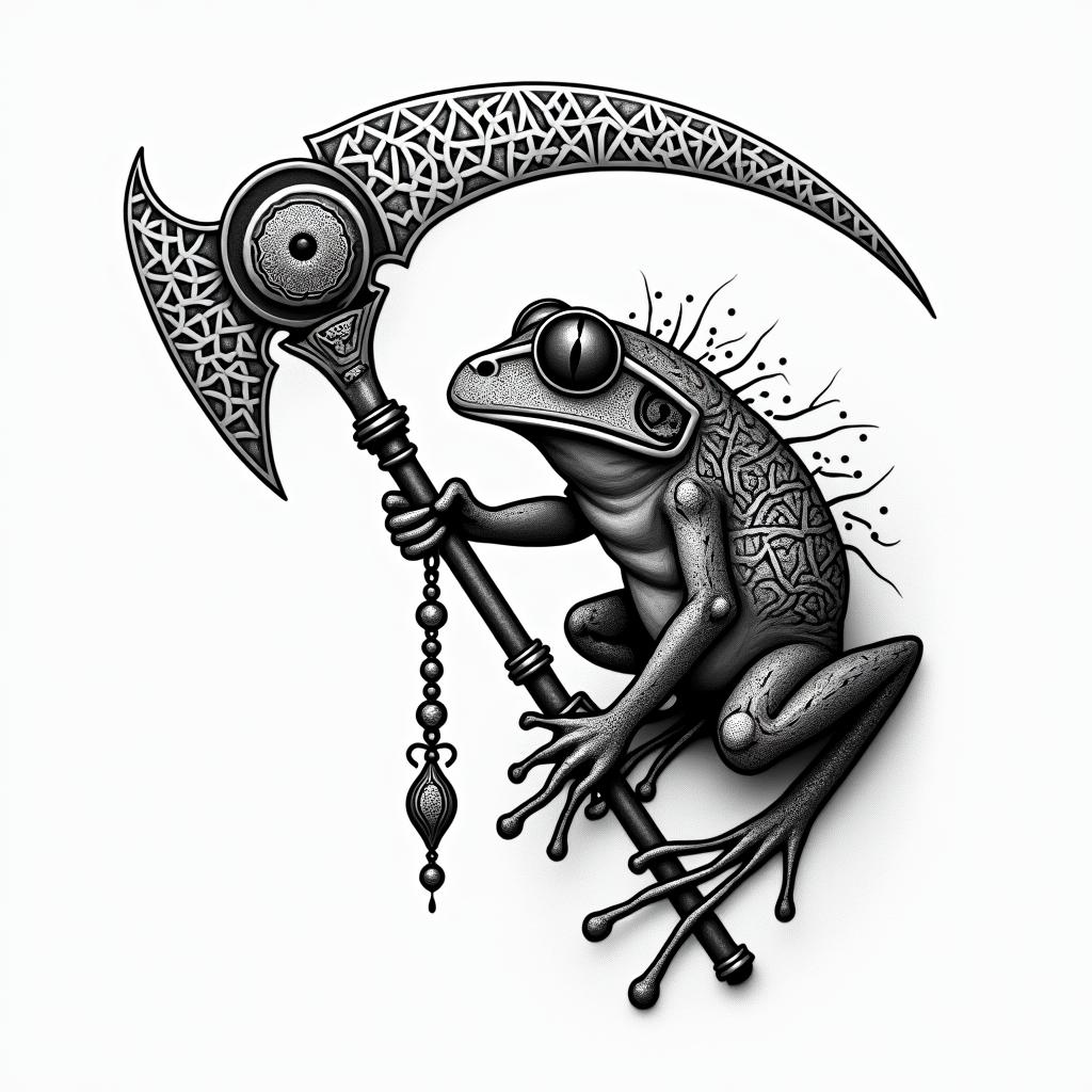 Grim Reaper frog with scythe and rosaryin dotwork style tattoo, complex mandala patterns, interlocking geometric shapes with sharp symmetry, clean lines, sharp angles