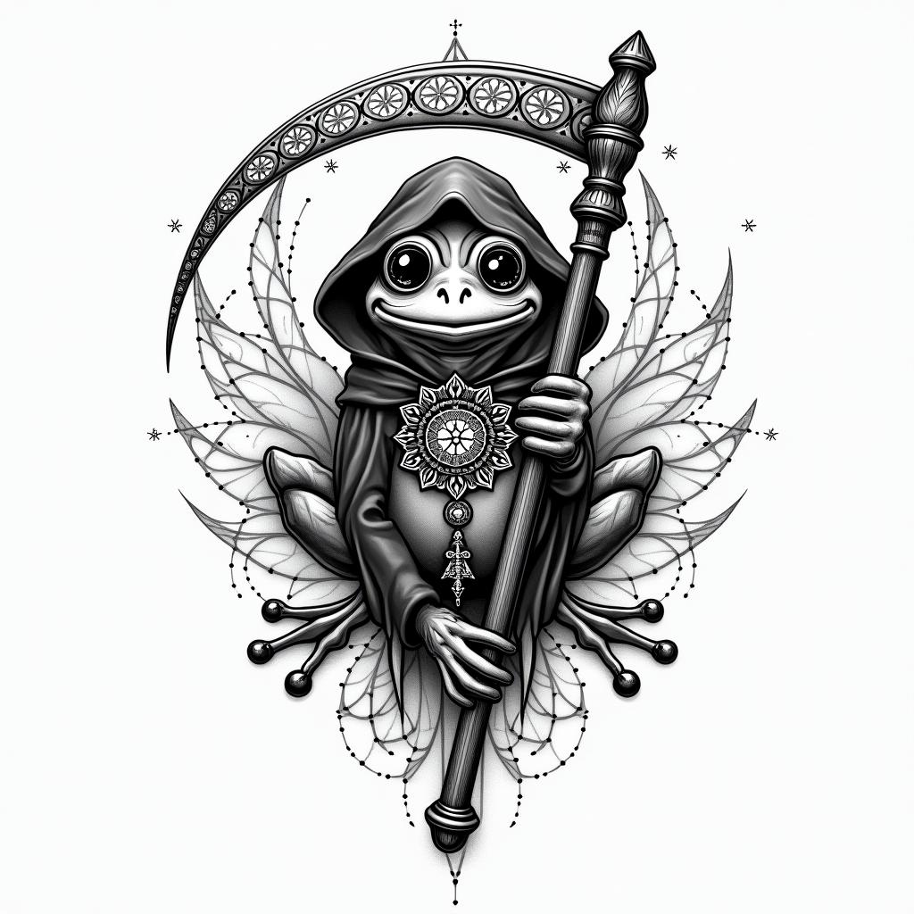 Grim Reaper frog with scythe and rosaryin dotwork style tattoo, complex mandala patterns, interlocking geometric shapes with sharp symmetry, clean lines, sharp angles - Variation 2