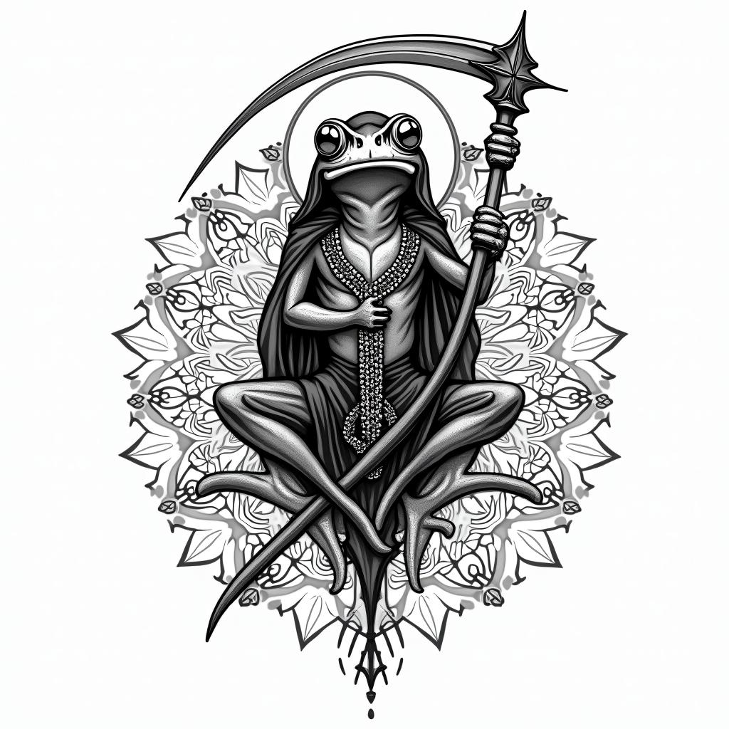 Grim Reaper frog with scythe and rosaryin dotwork style tattoo, complex mandala patterns, interlocking geometric shapes with sharp symmetry, clean lines, sharp angles - Variation 4